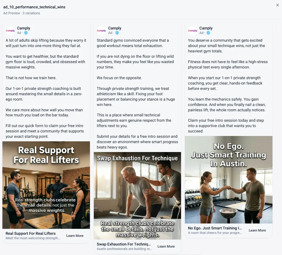 Camply Performance ad — names the fear of failure