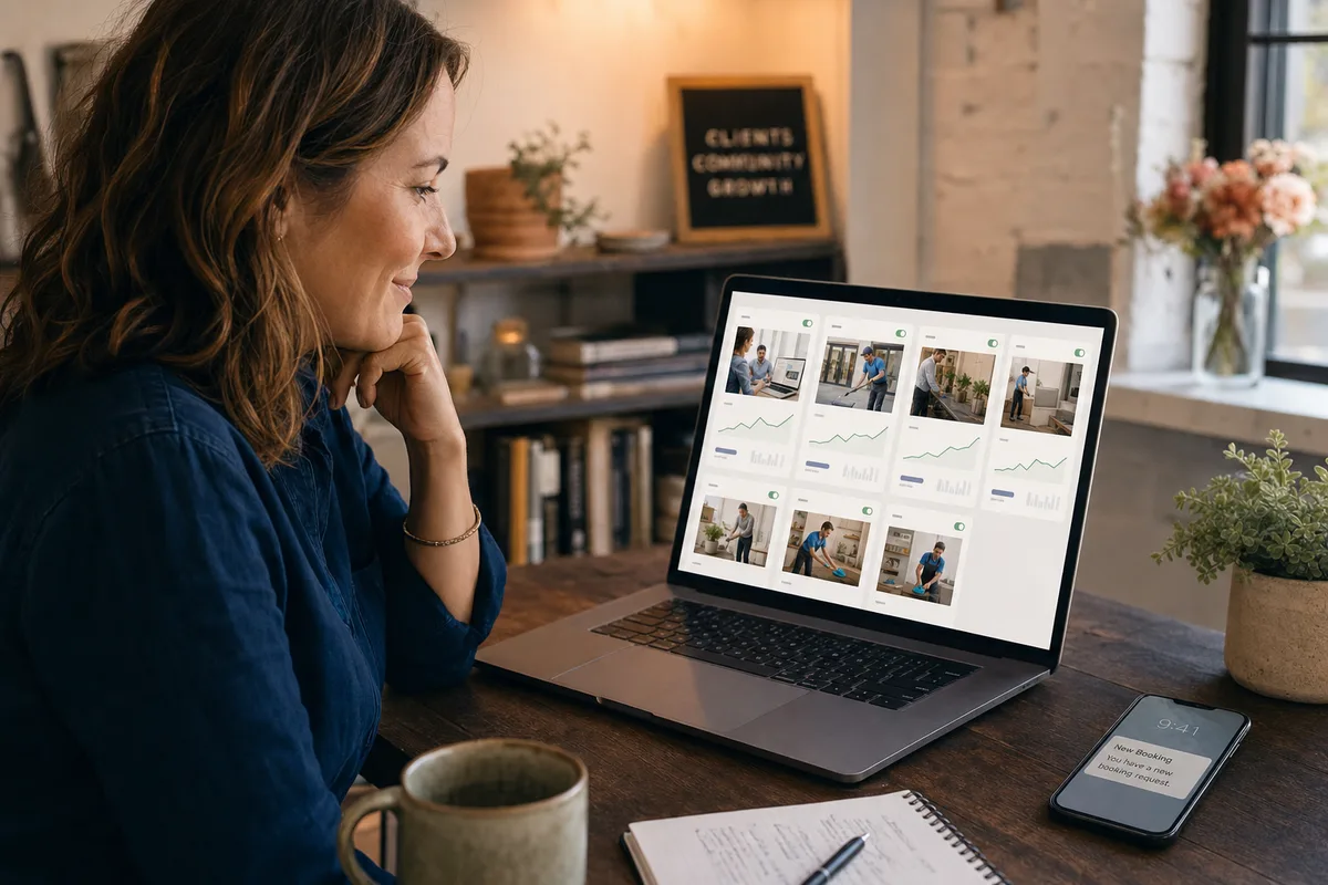 A local business owner reviewing AI-generated Facebook ad variations on a laptop while a booking notification arrives on her phone