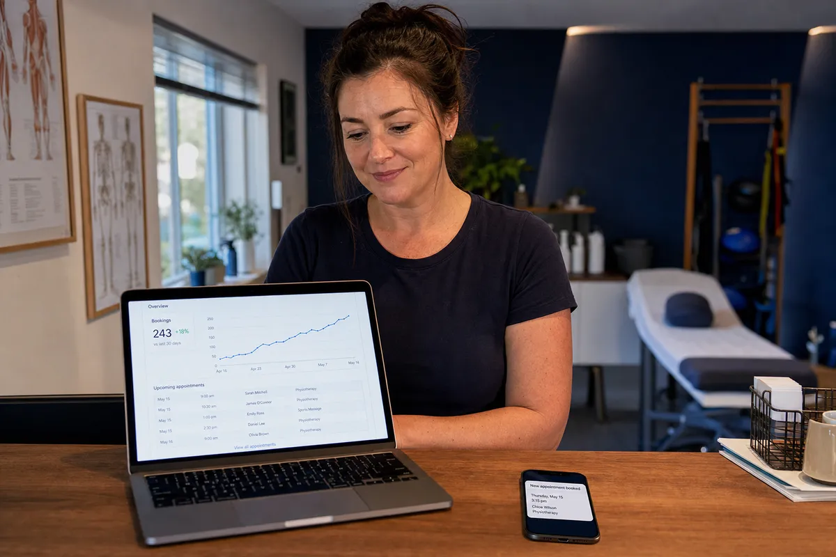 A local wellness clinic owner reviewing Facebook ad results showing booked appointments climbing on her laptop