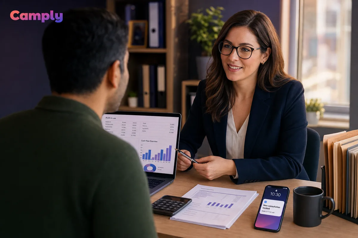 An accountant reviewing financial statements on a laptop while meeting a small business owner across her desk, a booked-consultation notification on her phone