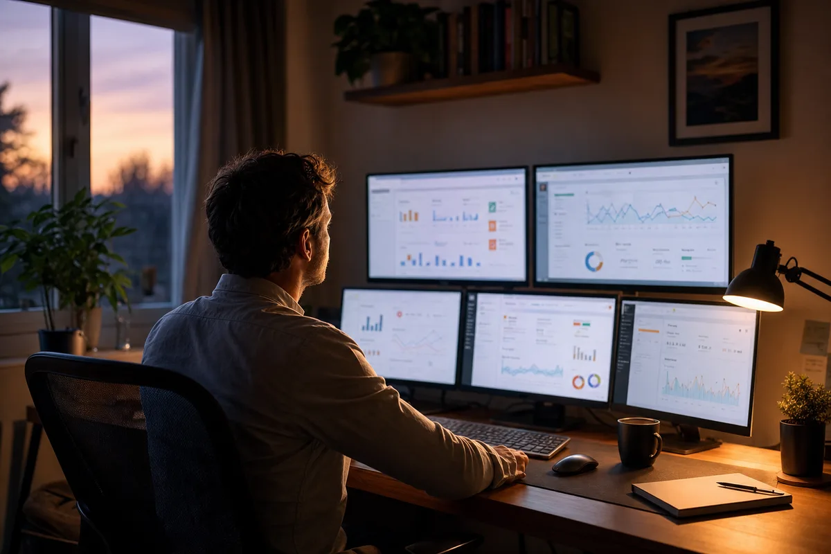 An agency operator reviewing a wall of client campaign dashboards from one desk at dusk - the multi-account delivery that decides whether an agency can scale Facebook ads past its own hours.