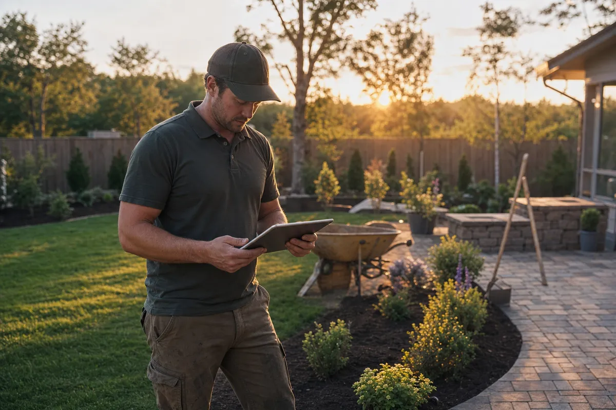 A landscaping business owner reviewing a project plan on a tablet in a freshly finished backyard with a new paver patio at golden hour