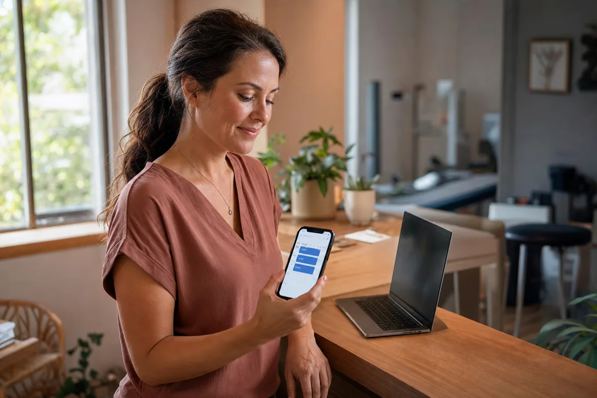 A local clinic owner checking her phone at the front desk as new appointment bookings come in from her Facebook ads