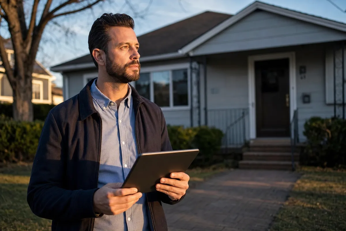 A real estate investor standing outside a modest single-family house, evaluating the property on a tablet
