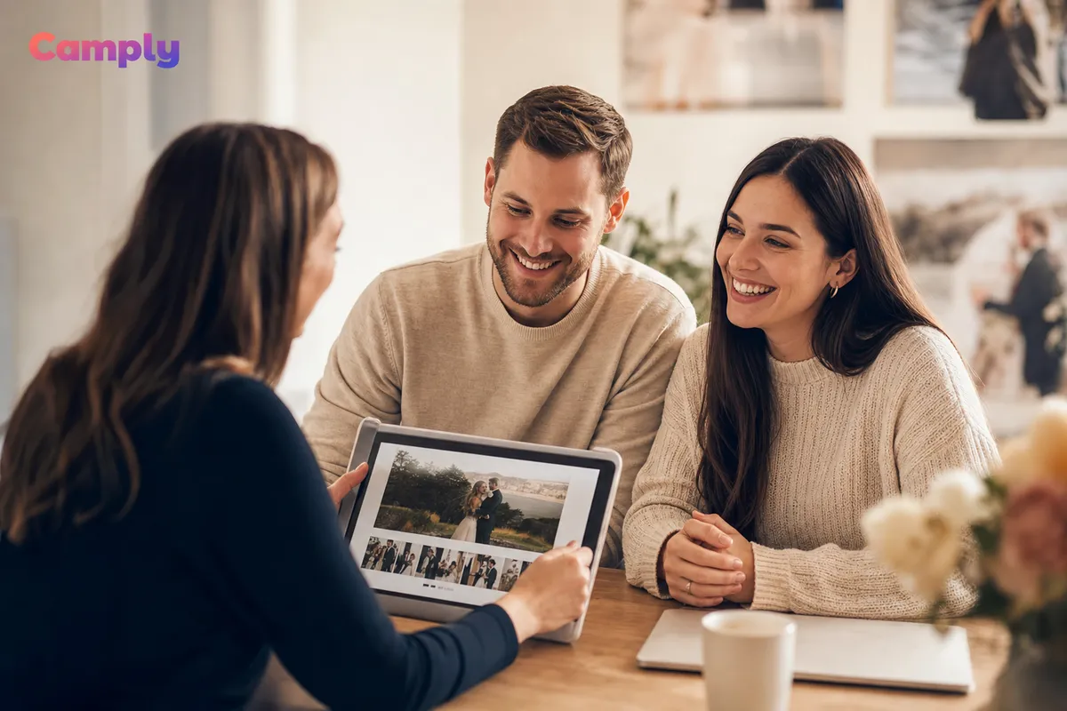 A wedding photographer showing an engaged couple a printed wedding album on a tablet across a bright studio consultation table as they book their date
