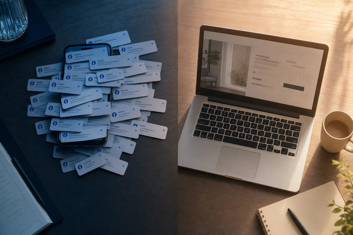 Split comparison: a phone flooded with cheap, low-intent Facebook lead-form submissions on the left versus one qualified, booked client from a landing page on the right.