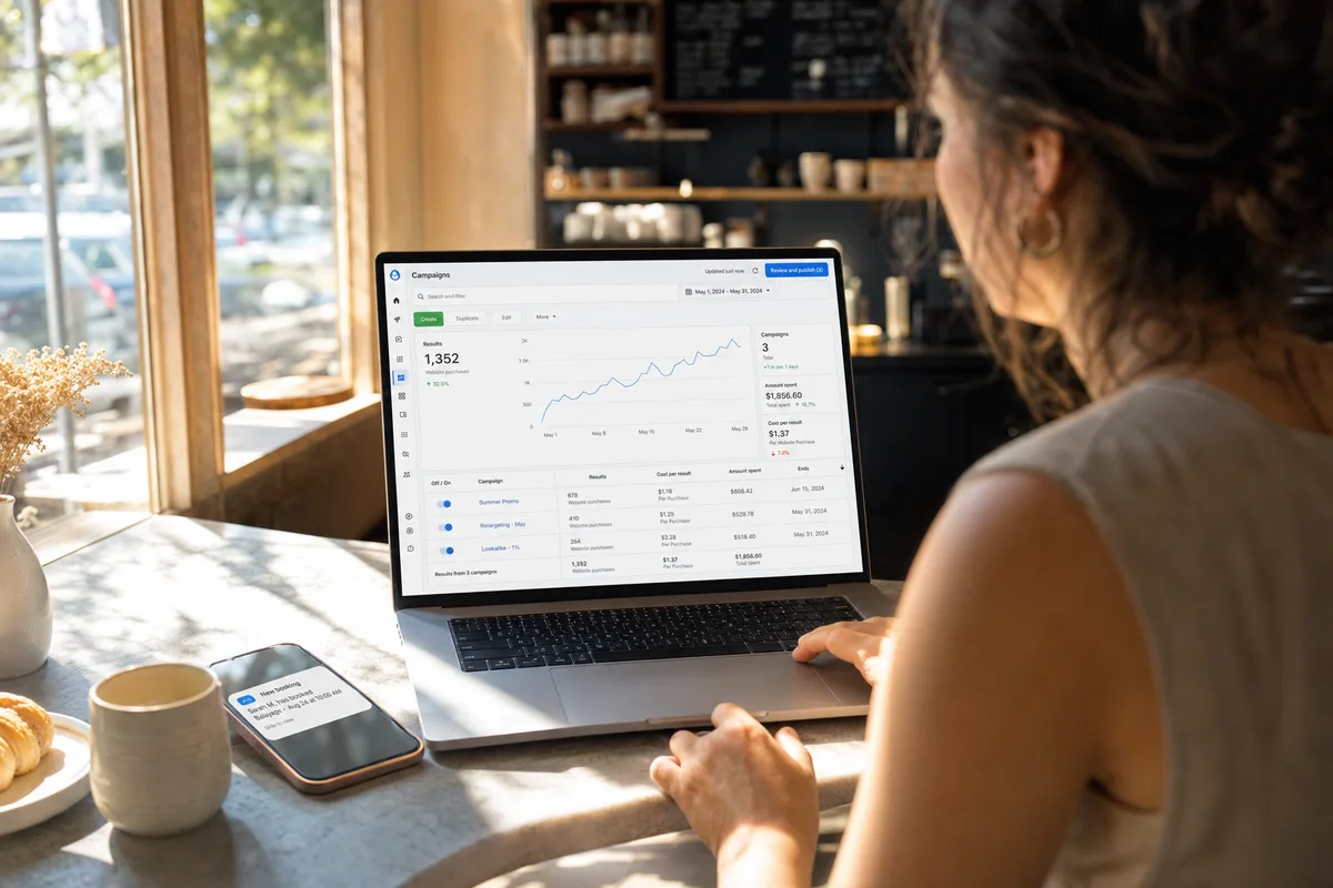 A small business owner setting up a Facebook ad campaign on her laptop while a booking notification arrives on her phone