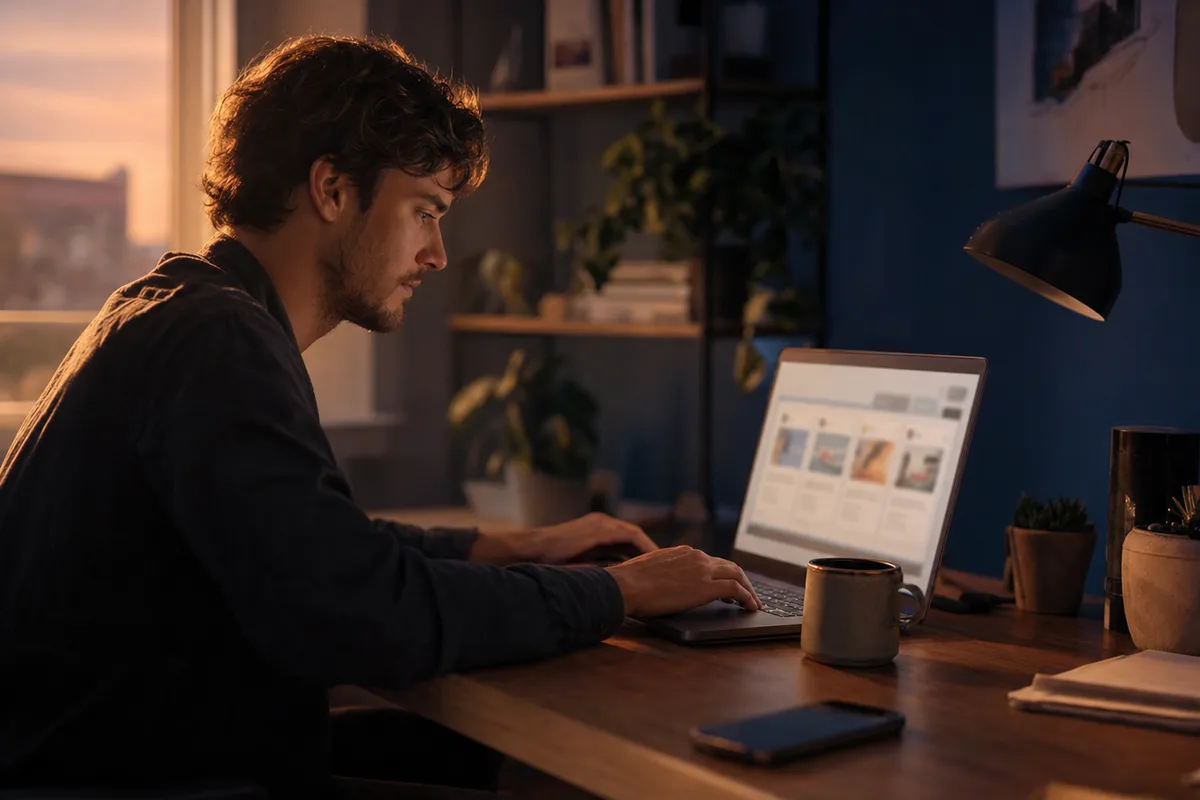 An independent marketer at a desk at dusk, calmly running several client campaign cards from a single laptop dashboard - the white-label model that lets one freelancer serve many clients without an ad team.
